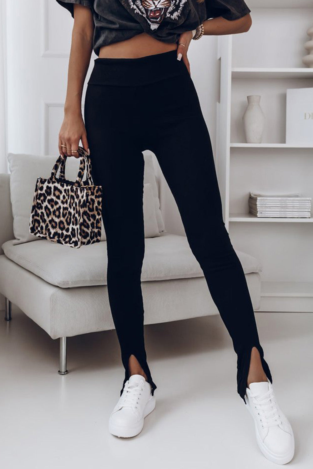 Black Rib Knit High Waist Slit Leggings Beagle Boutique Fashion Outlet