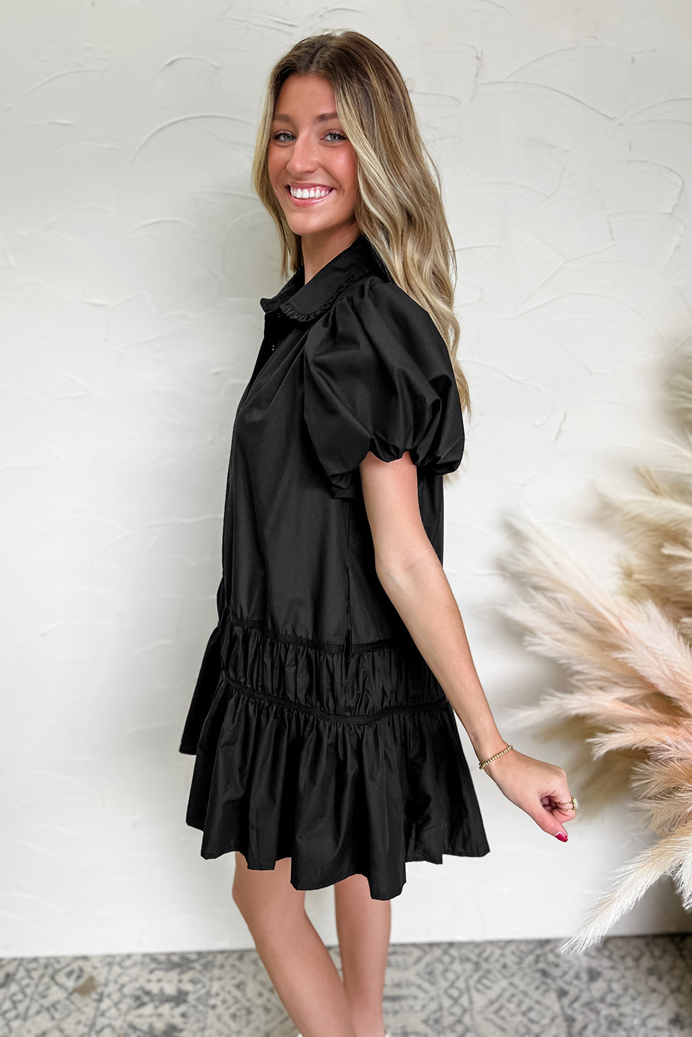 Black Shirt Style Button Down Puff Sleeve Ruffle Hem Dress eAura