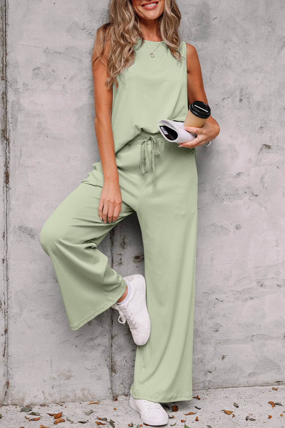 Green Textured Tank Top and Drawstring High Waist Trousers Co-ord Set eAura