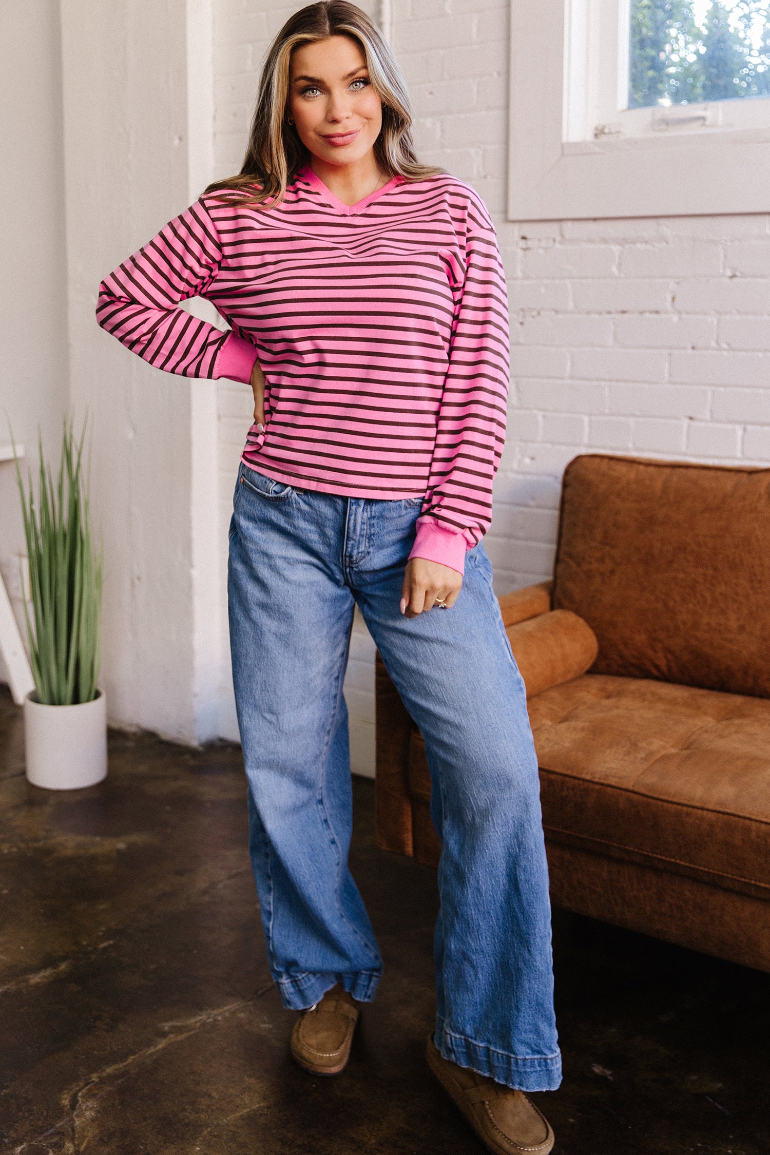 V Neck Drop Shoulder Long Sleeve Top – Pink Stripe