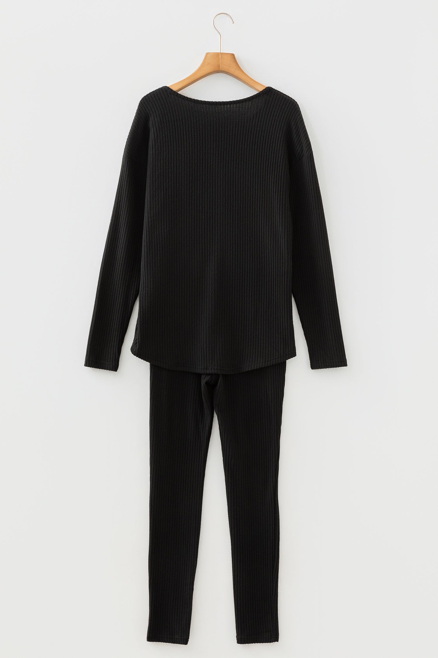 Rib Notched Neck Long Sleeve Leggings Two Piece Lounge Set - eAura