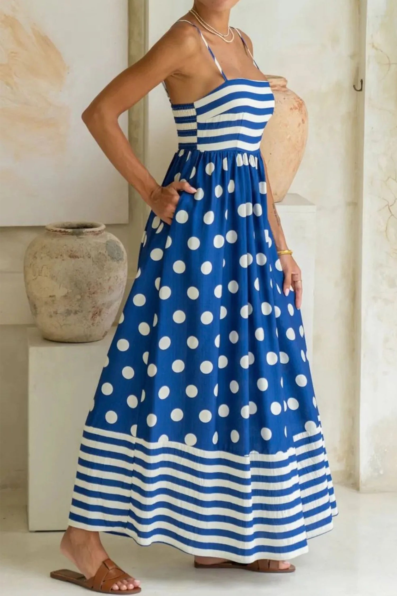 Striped Polka Dot Patchwork High Waist Spaghetti Straps Maxi Dress