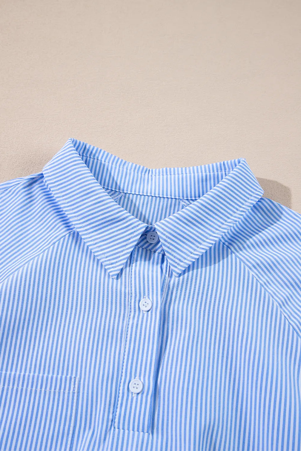 Pinstripe Long Sleeve Smocked Cuffs Button Shirt Collar Blouse – Sky Blue Stripe