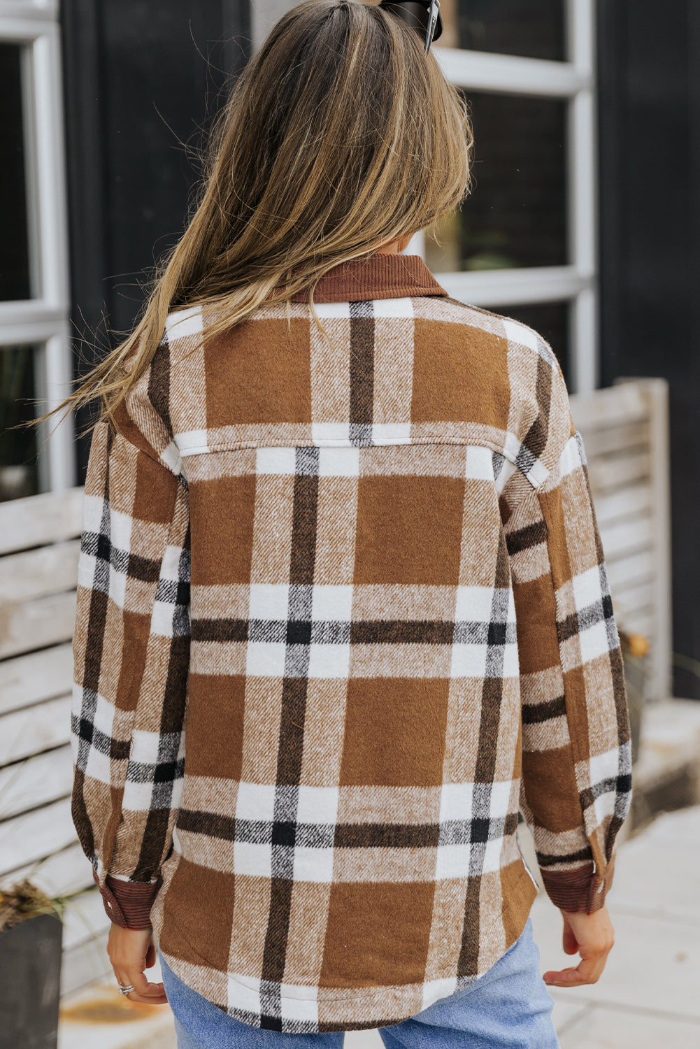 Brown Pocketed Buttoned Plaid Shirt Jacket Beagle Boutique Fashion Outlet