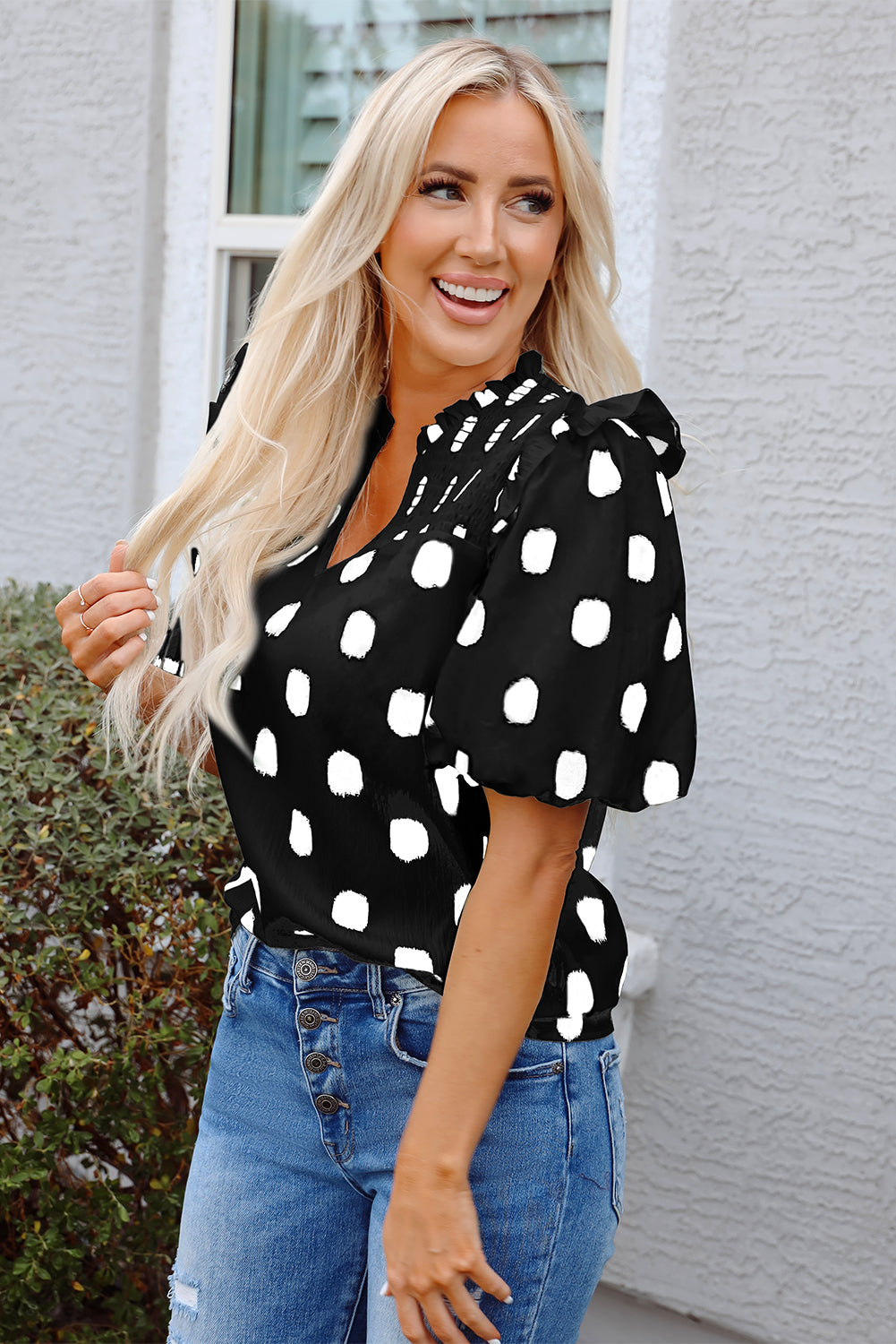 Black Polka Dot Print Shirred Yoke Notched Neck Balloon Sleeve Blouse eAura