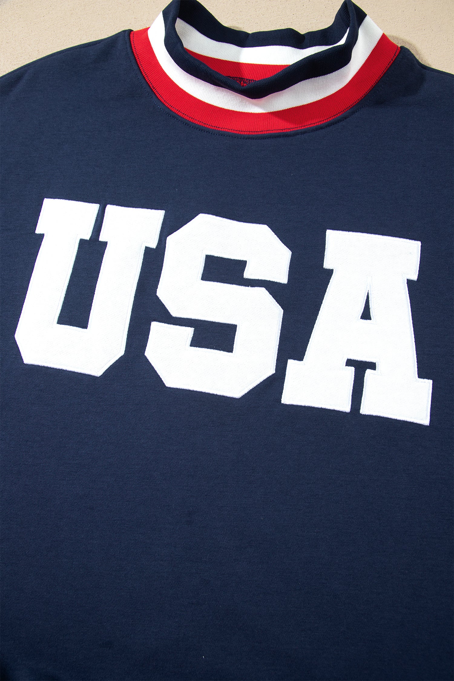 USA Slogan Patch Embroidery Colorblock High Neck Long Sleeve Sweatshirt – Dirty Blue