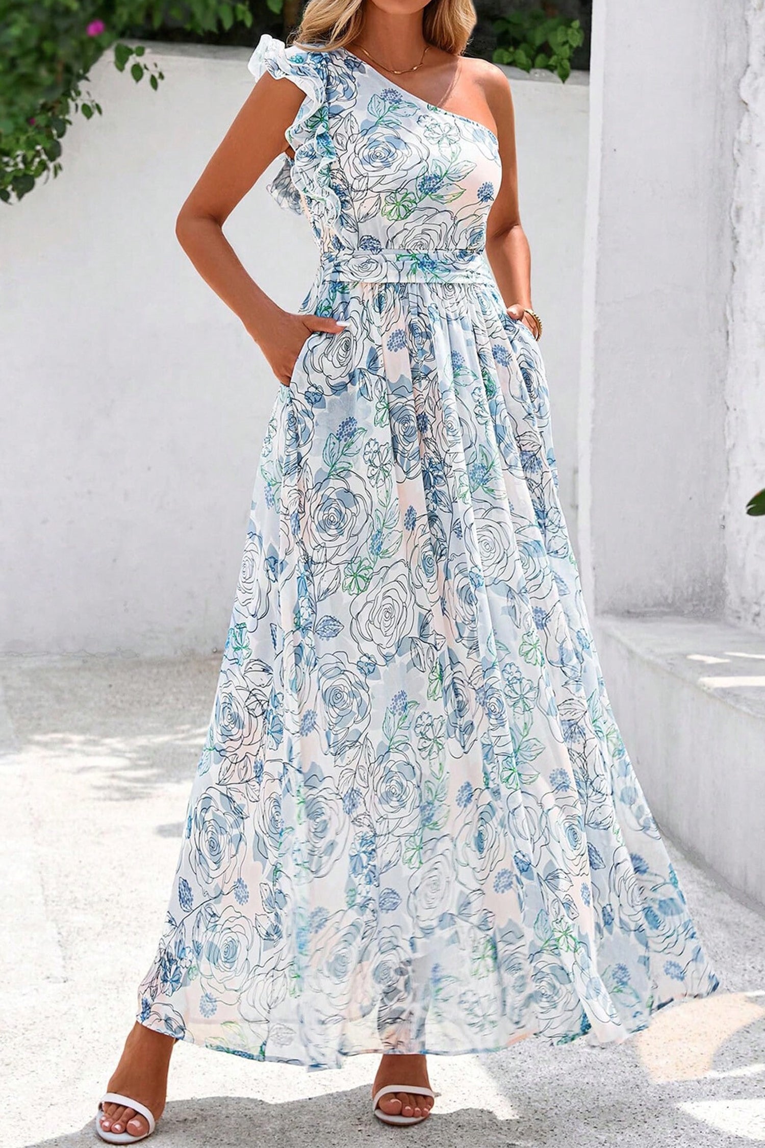 Sky Blue Floral Print Ruffled One Shoulder Maxi Dress