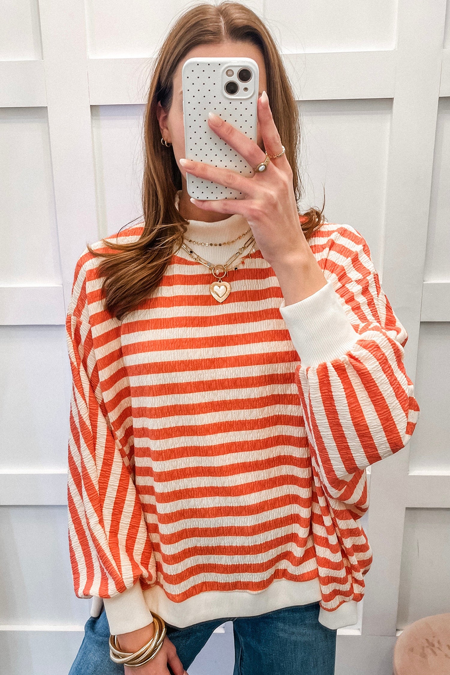 Striped Textured Stand Neck Oversized Long Sleeve Top – Orange Stripe