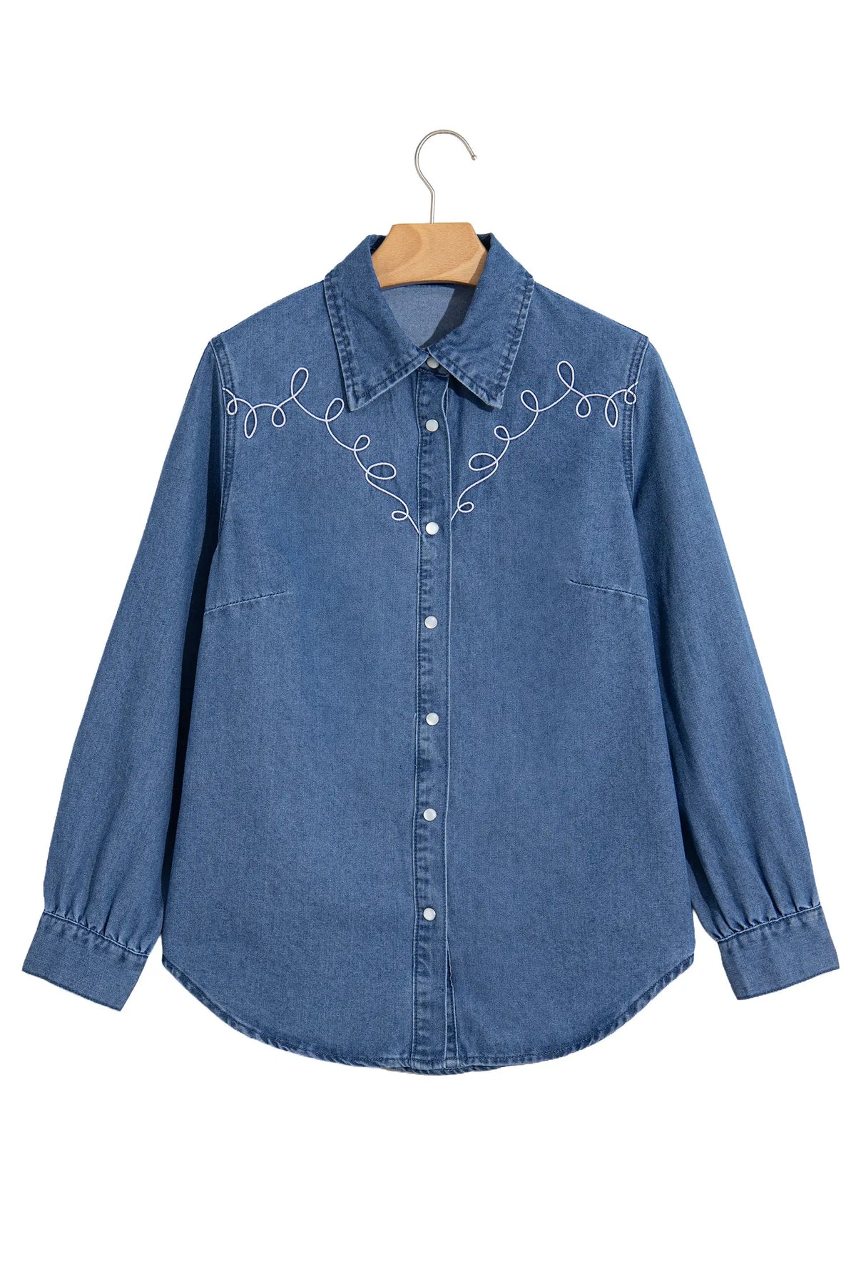 Western Embroidered Collar Long Sleeve Denim Shirt – Dusk Blue