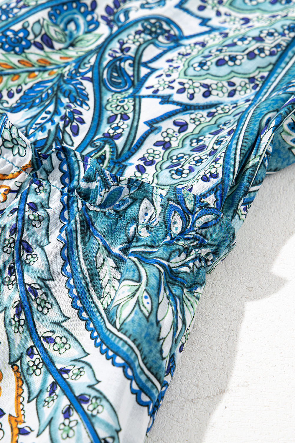 Blue Bohemian Paisley Floral V Neck Short Sleeve Mini Dress eAura