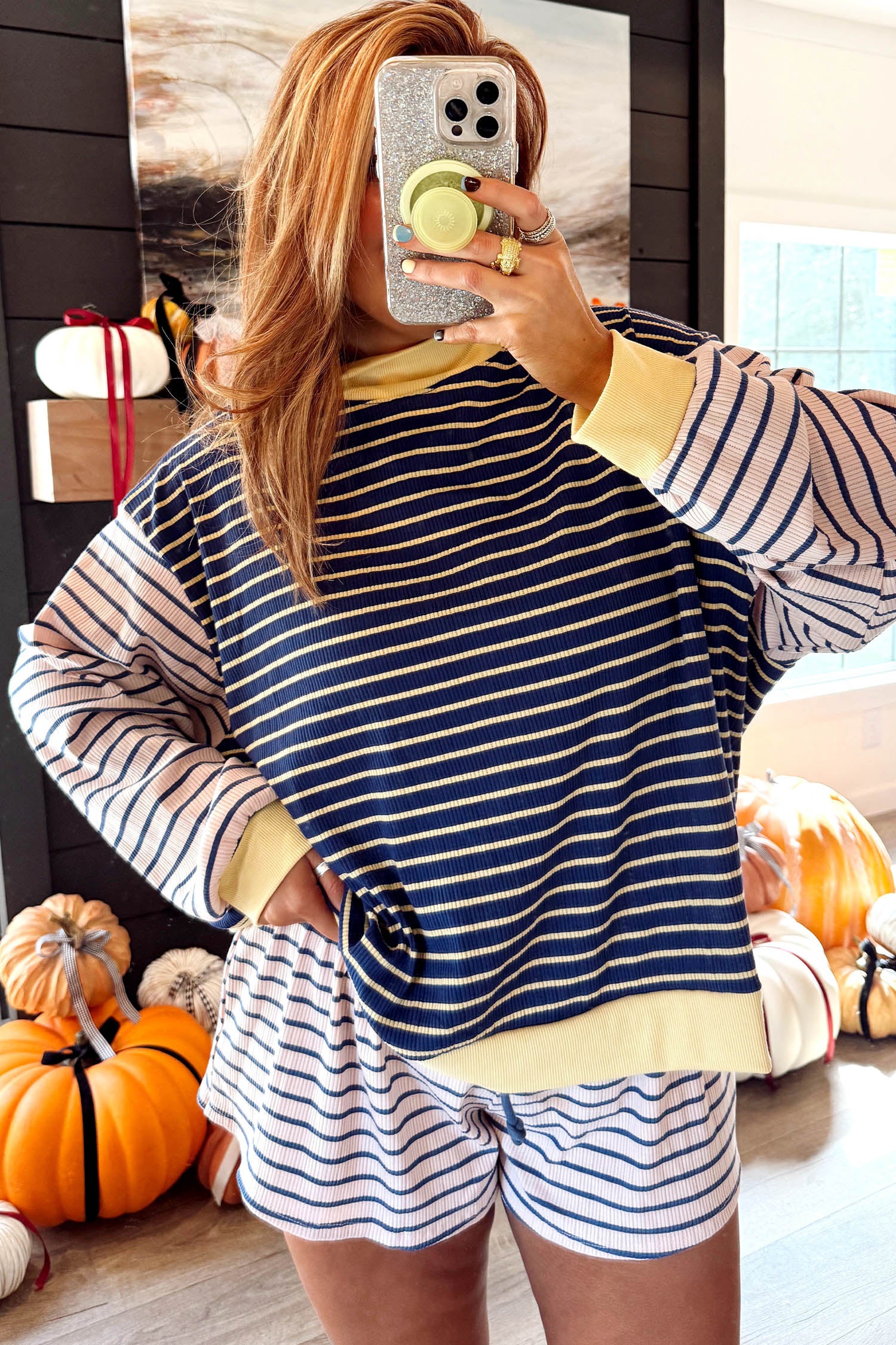 Color Block Long Sleeve Pullover Ribbed Knit Casual Shorts Set – Blue Stripe