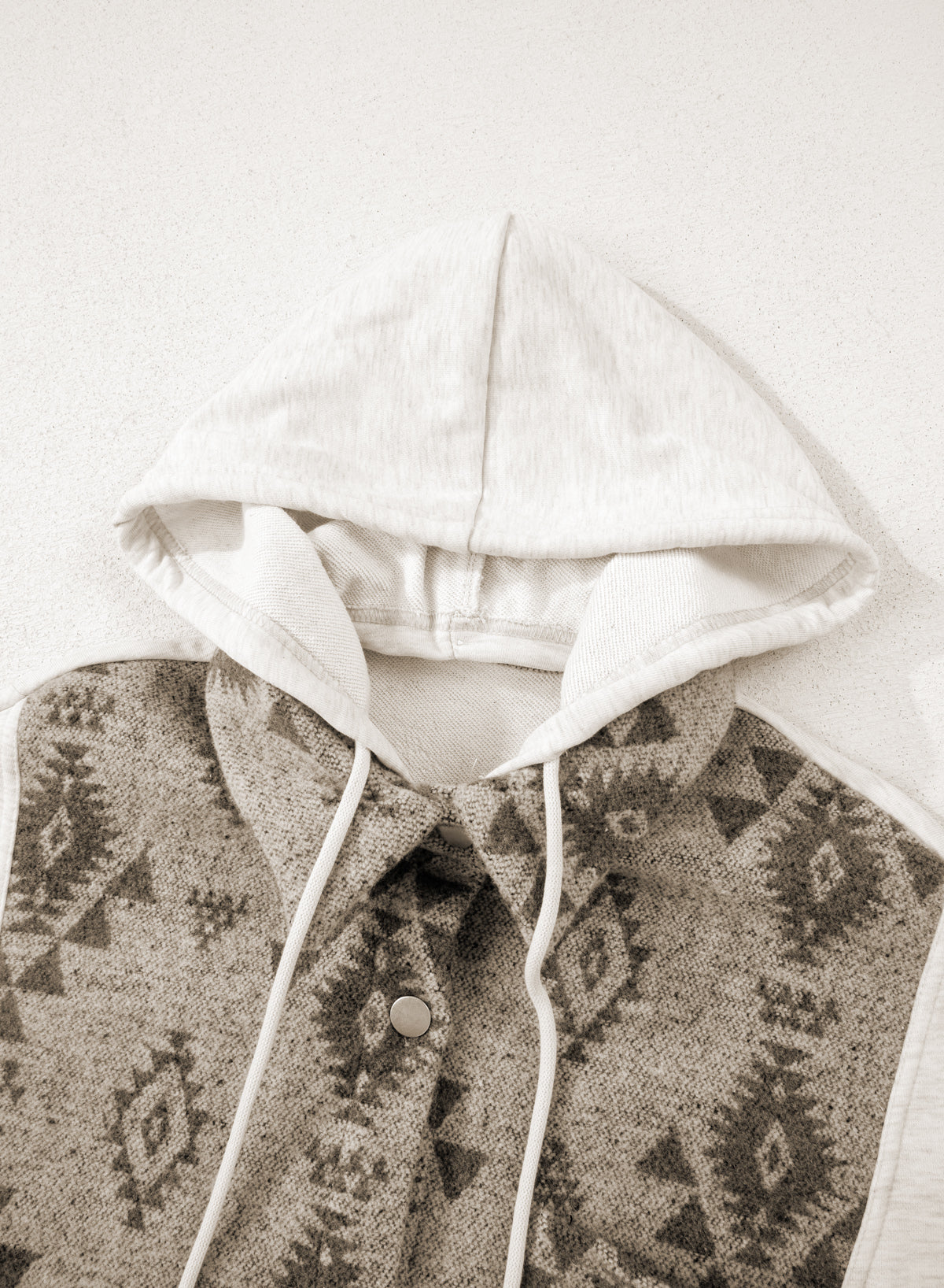 Western Aztec Print Patchwork Drawstring Hooded Shacket - eAura