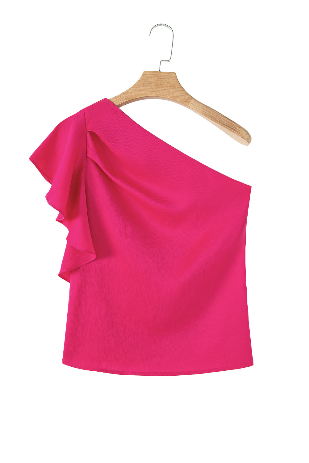 Strawberry Pink Asymmetric Shoulder Ruffle Sleeve Elegant Blouse eAura