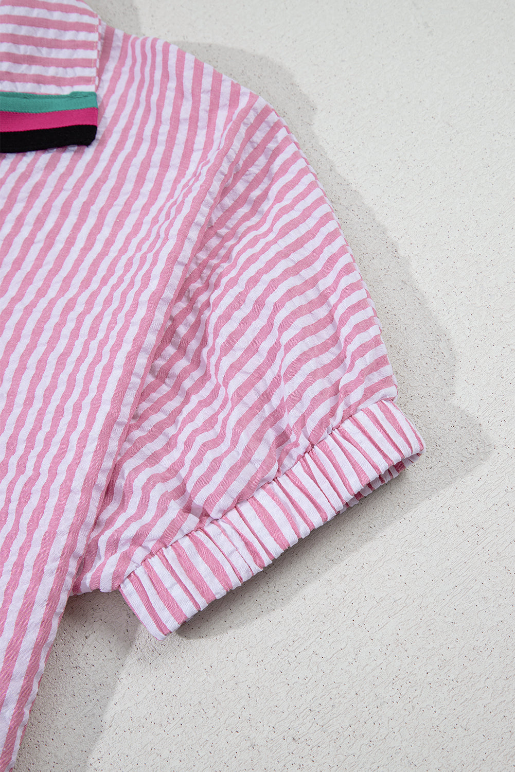 Striped Print Contrast Split Neck Dolman Sleeve Blouse eAura