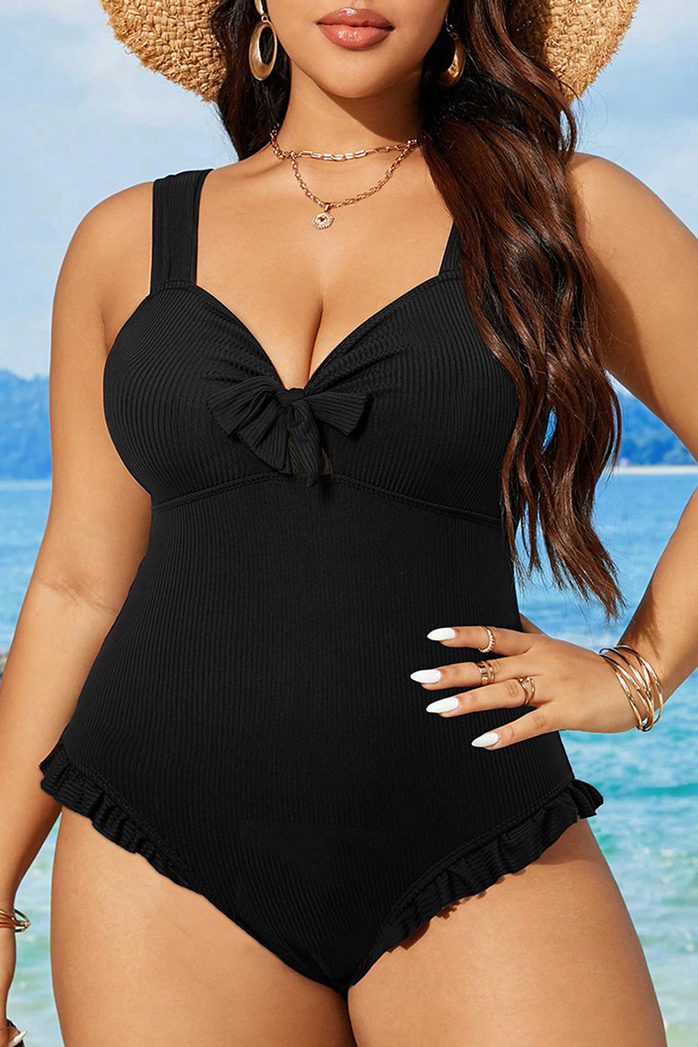 Black Plus Size Textured Knotted Ruffled Trim One Piece Swimwear BB Fashion Outlet