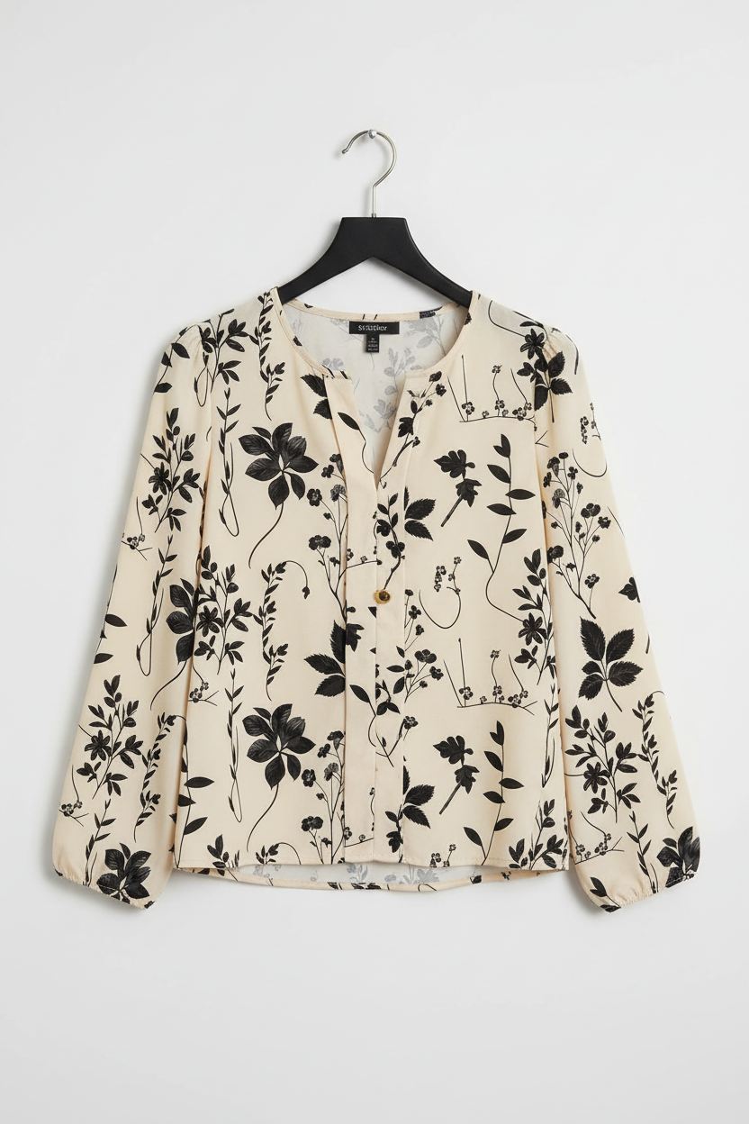 Botanical Floral Print Split Neck Long Sleeve Blouse - eAura