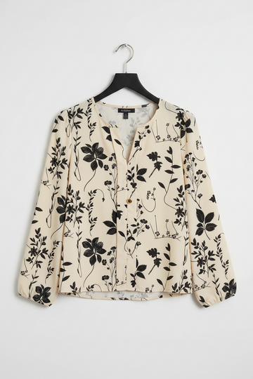 Botanical Floral Print Split Neck Long Sleeve Blouse - eAura