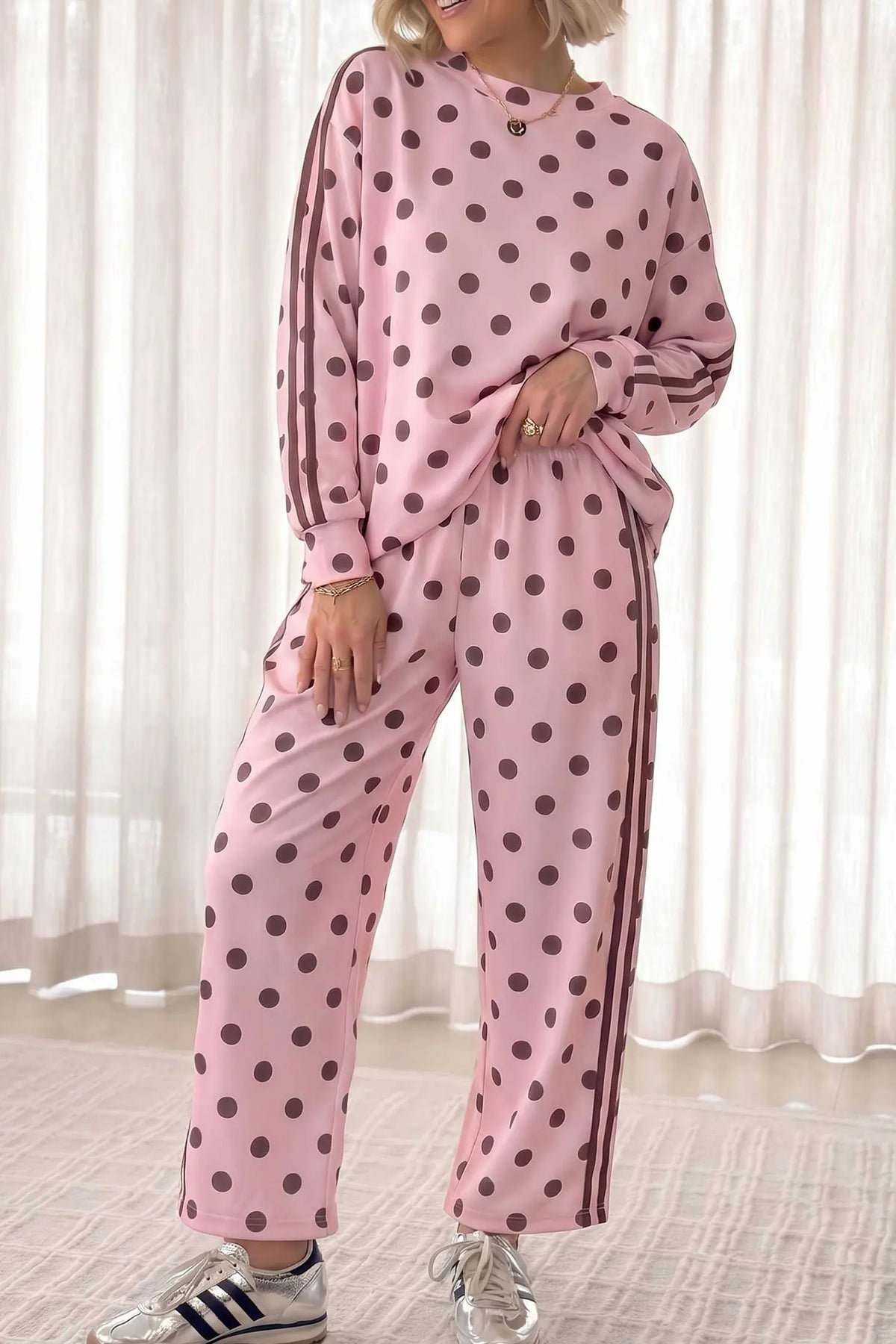 Co-ord Polka Dot Side-Stripe Long Sleeve Top and Trousers Set