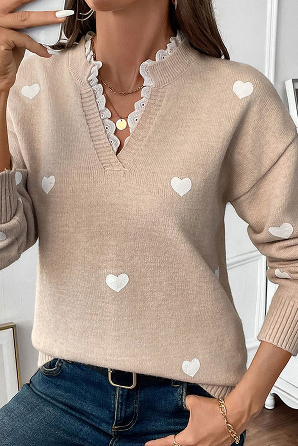 Heart Print Lace Splicing V Neck Valentines Sweater eAura