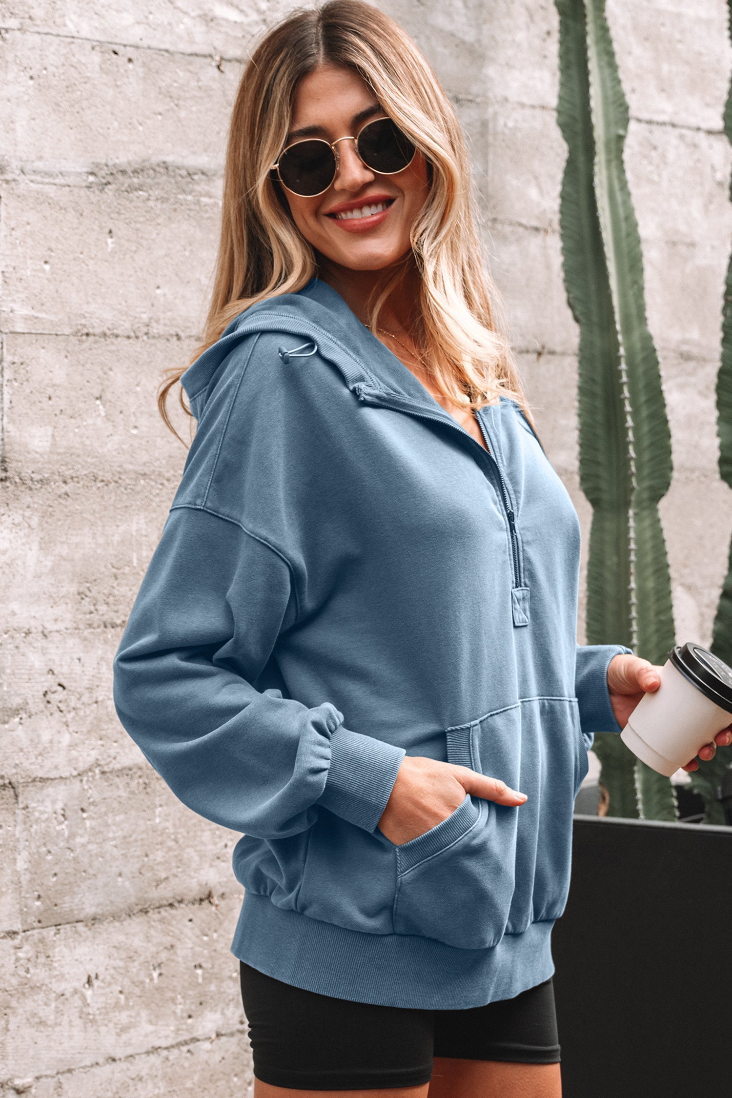 Half Zip Kangaroo Pocket Mineral Wash Baggy Hoodie - Tops/Sweatshirts & Hoodies