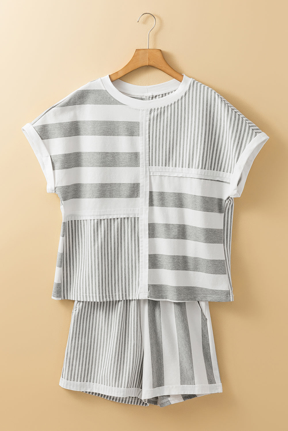Grey Stripe Mixed Print Short Sleeve Top and Pocketed Shorts Set eAura