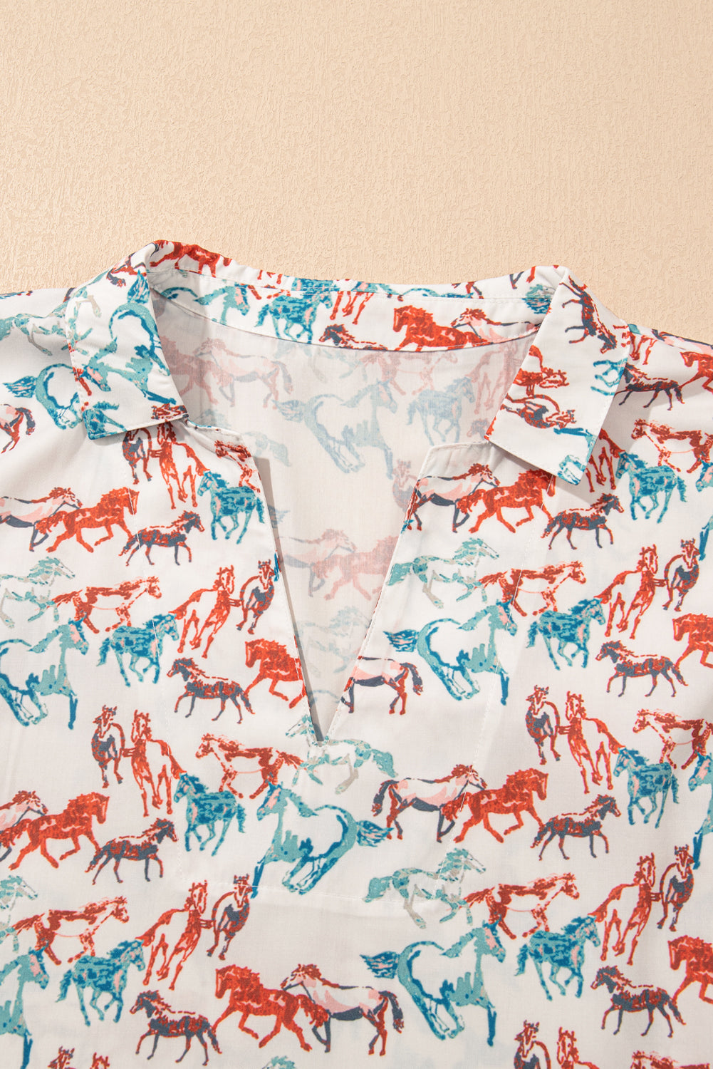 White Horse Galloping Allover Print Split Neck Plus Size Blouse BB Fashion Outlet