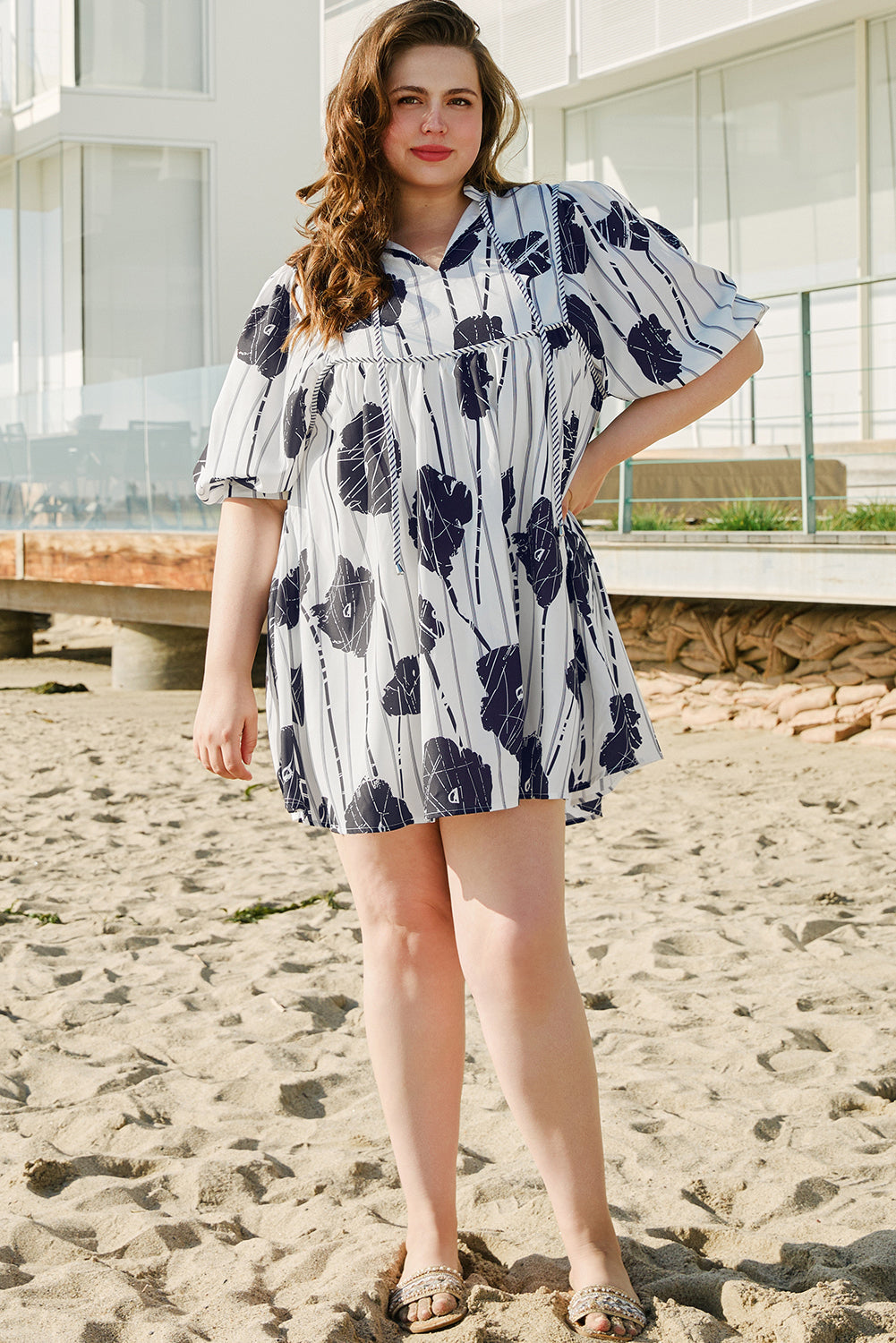 Black Plus Size Floral 3/4 Puff Sleeve Lace-up Neck Mini Dress BB Fashion Outlet