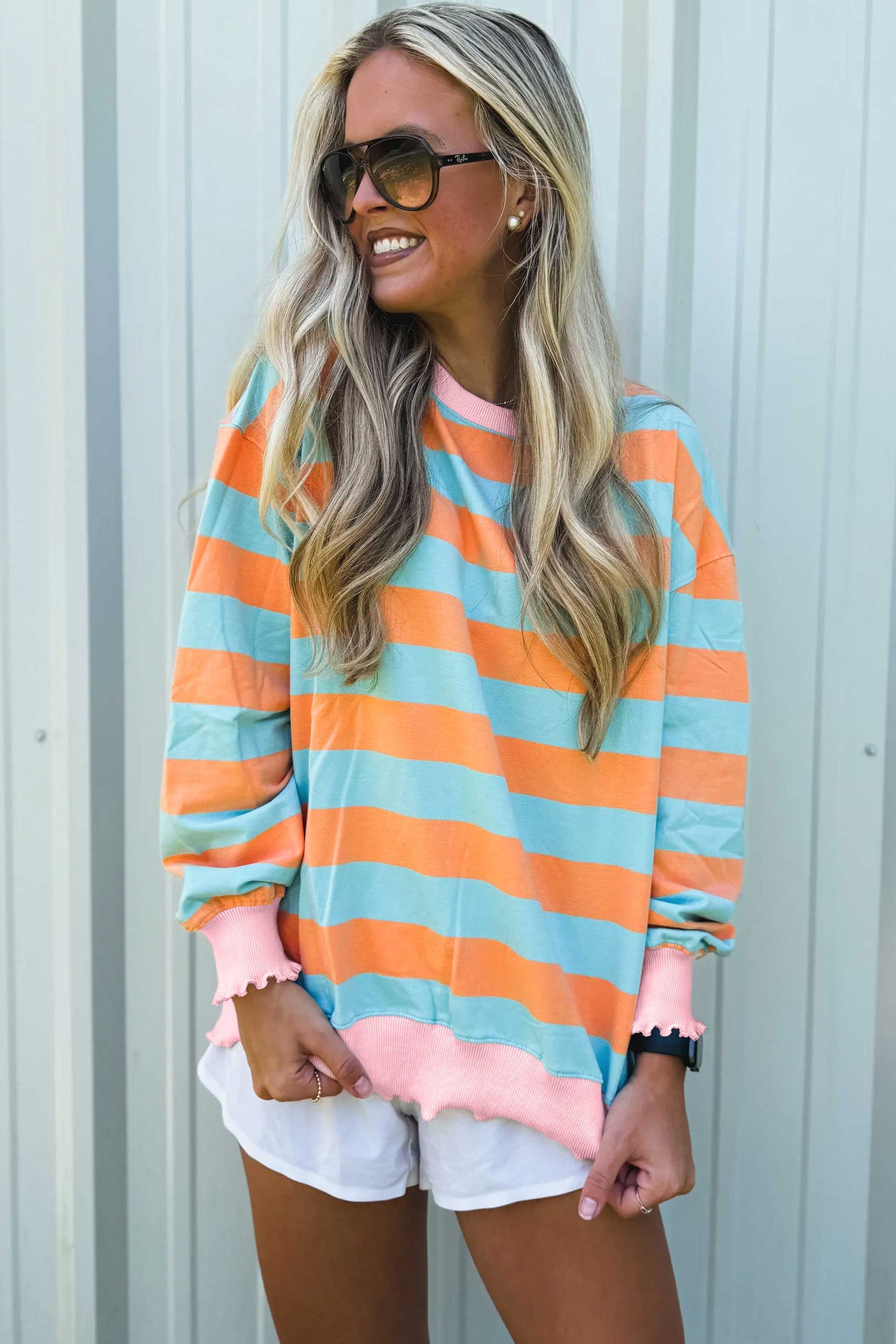 Ribbed Color Block Trim Round Neck Long Sleeve Shift Top – Orange Stripe