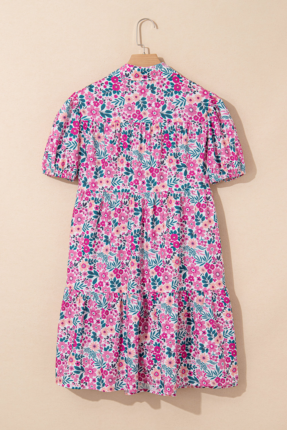 Pink Floral Collared Half Placket Short Sleeve Loose Dress eAura