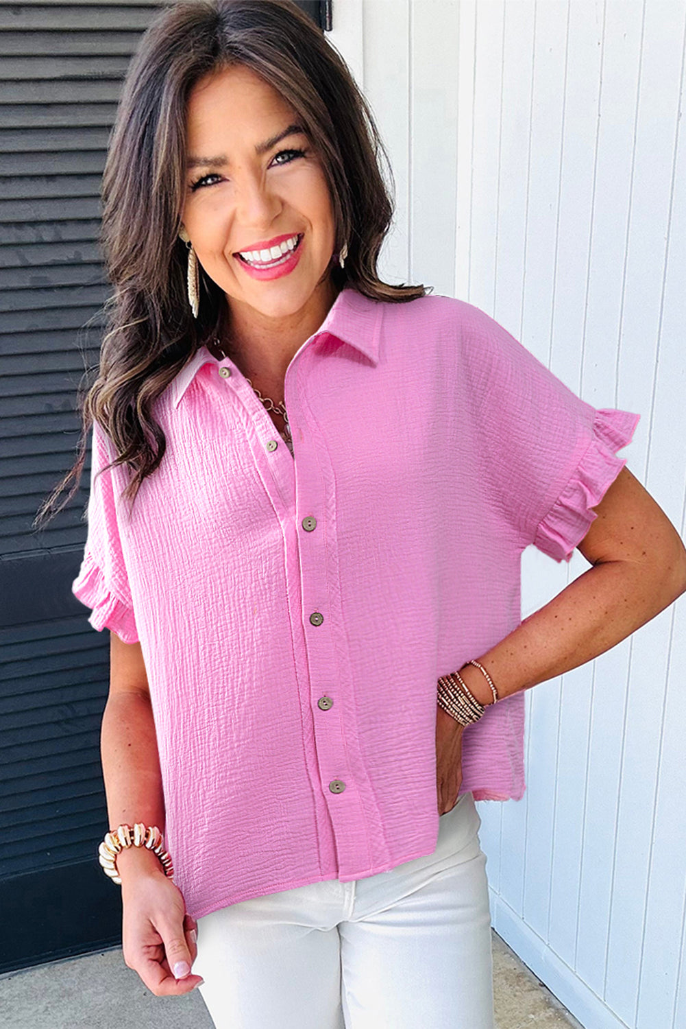Bonbon Mineral Wash Textured Ruffle Trim Short Sleeve Shirt eAura