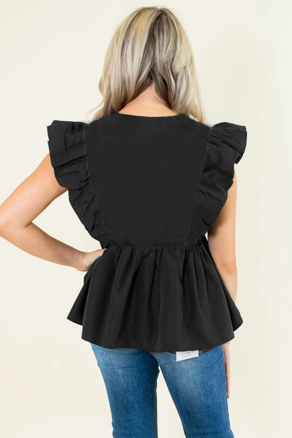 Black Contrast Ricrac Trim Ruffled V Neck Peplum Top eAura