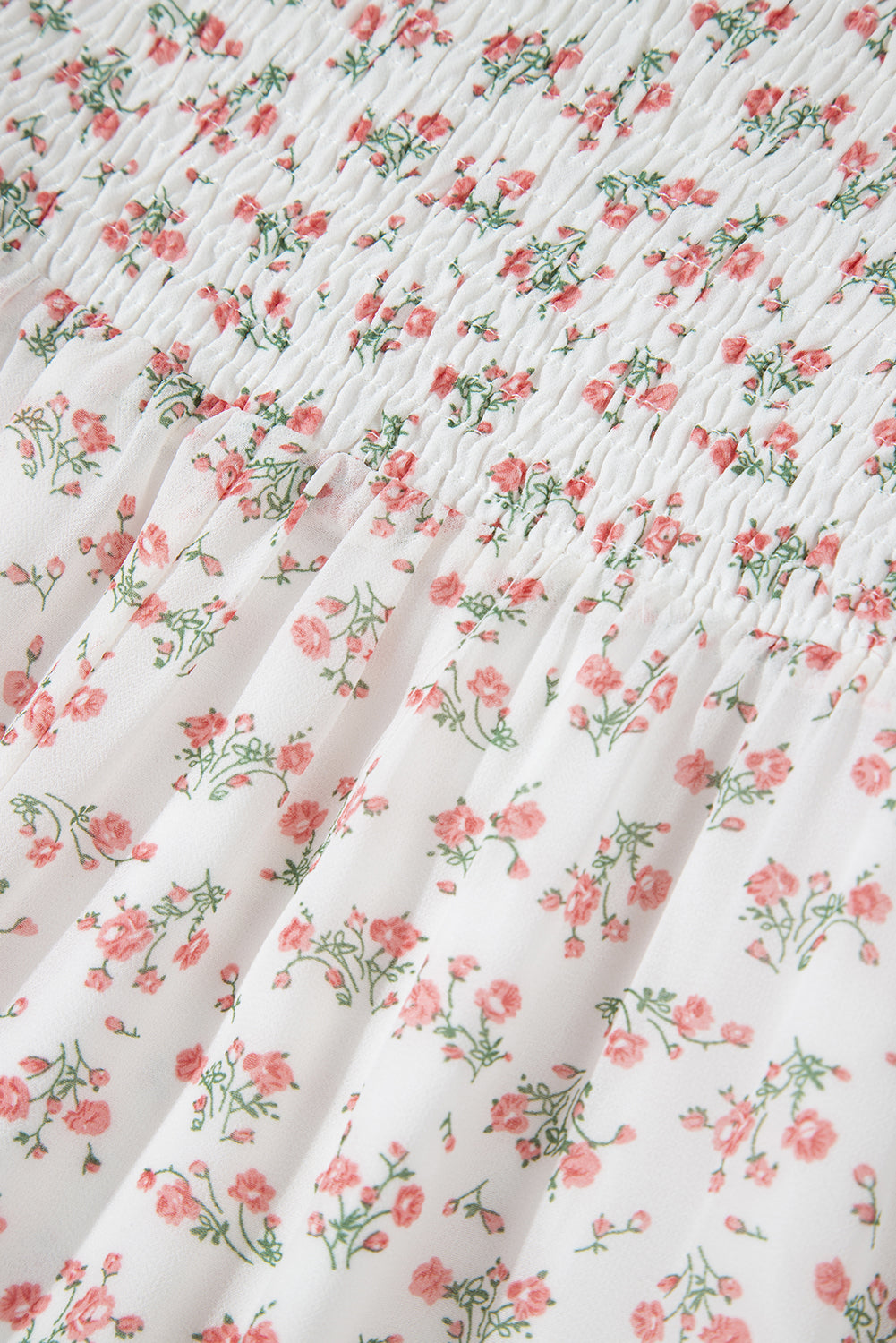 White Floral Print Shirred Ruffled Hem Square Neck Midi Dress eAura