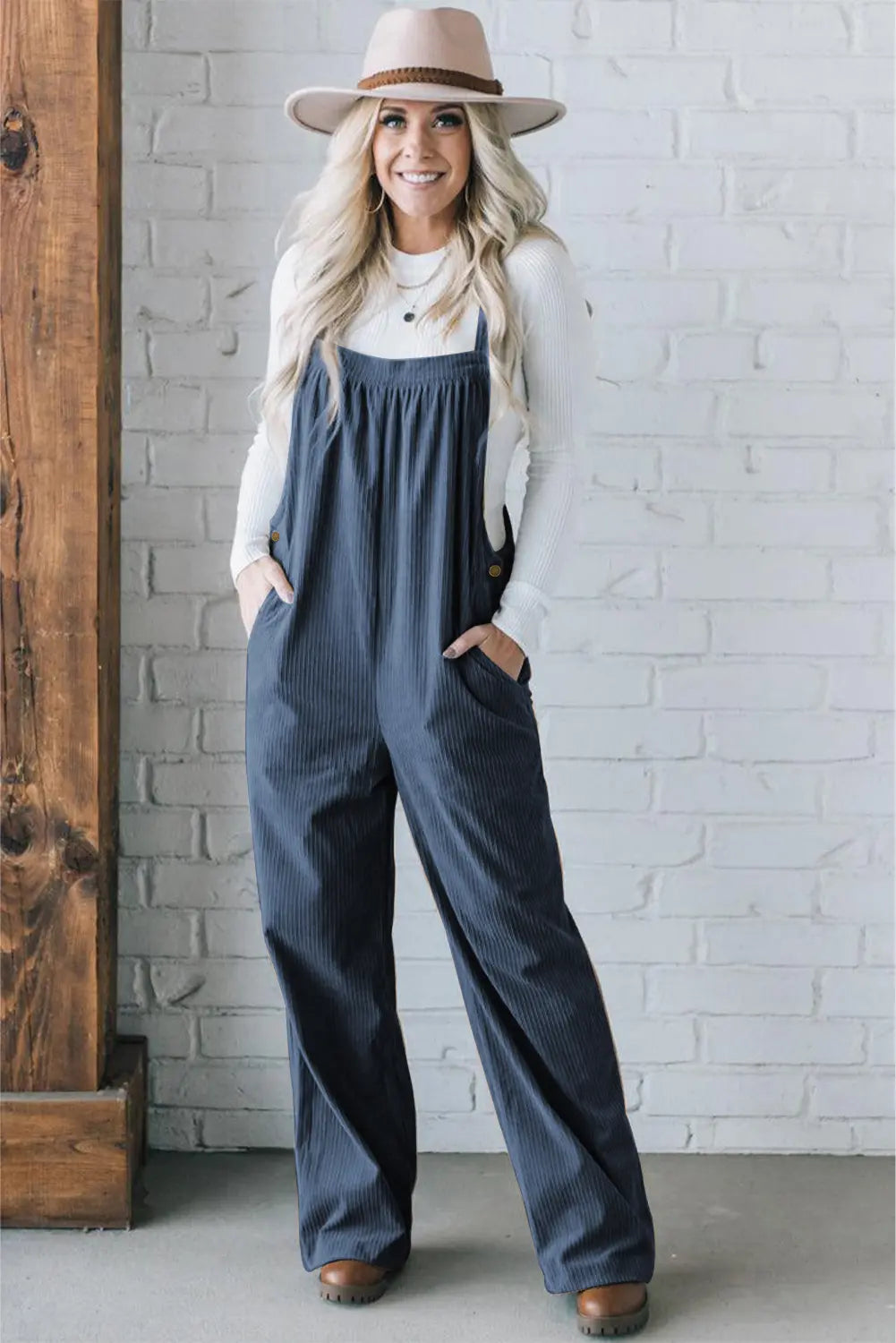 Button Adjustable Straps Solid Colour Ribbed Jumpsuit - Green or Teal