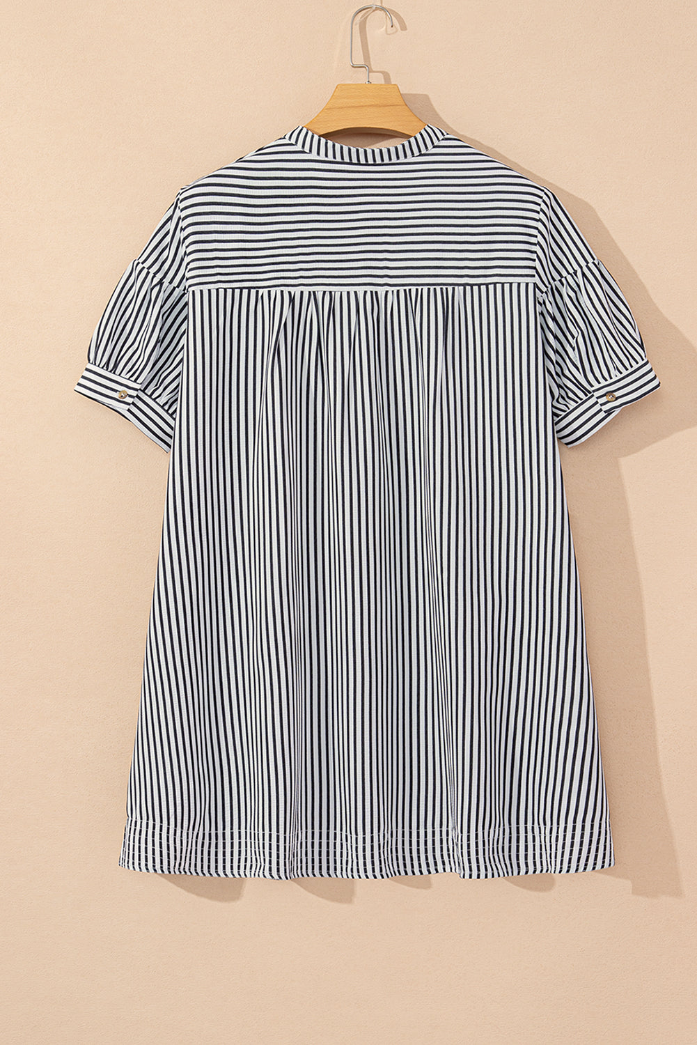 Black Stripe Short Sleeve Buttoned V Neck Pocketed Plus Size Mini Dress BB Fashion Outlet