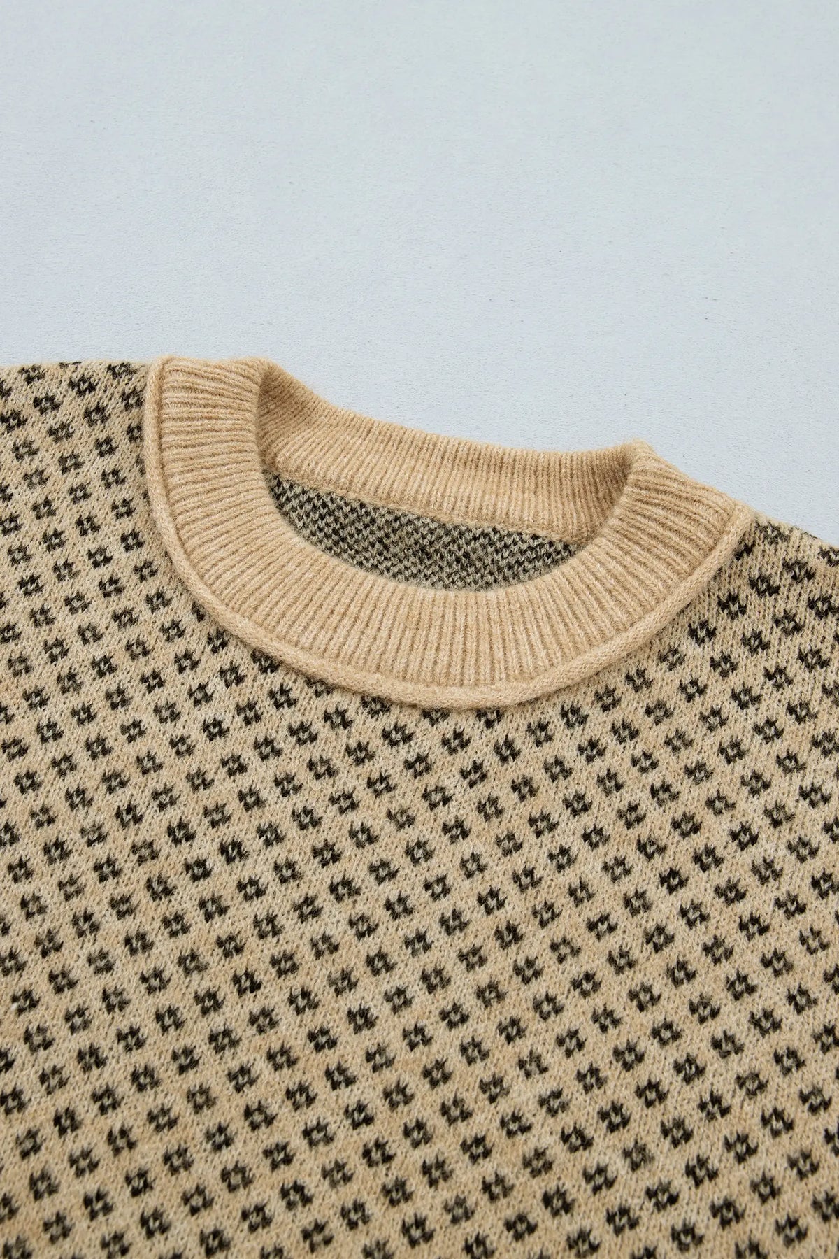 Geometric Print Drop Shoulder Round Neck Long Sleeve Sweater – Khaki