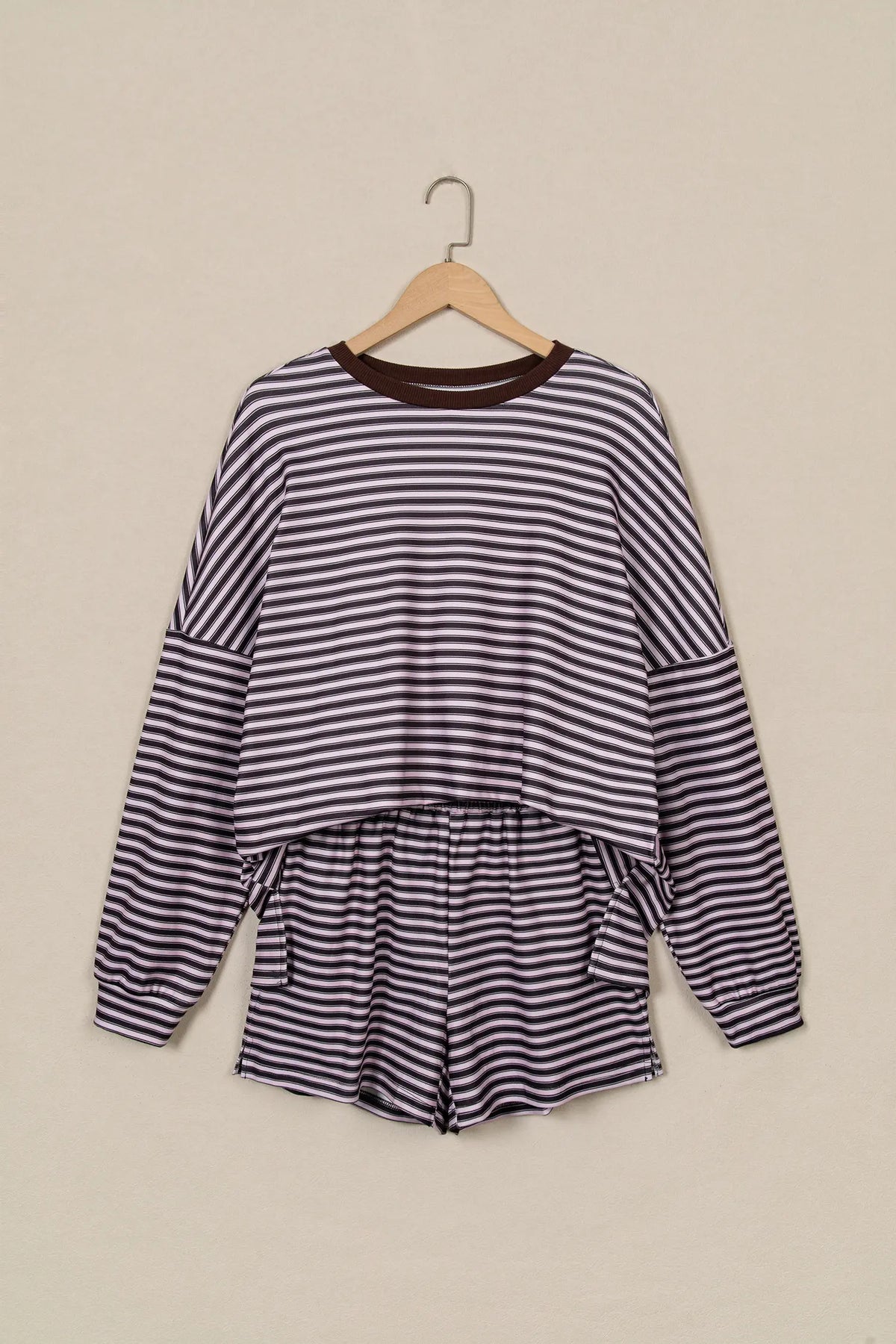 Brown Stripe Long Sleeve Oversized Top Pocketed Casual Shorts Two Piece Set
