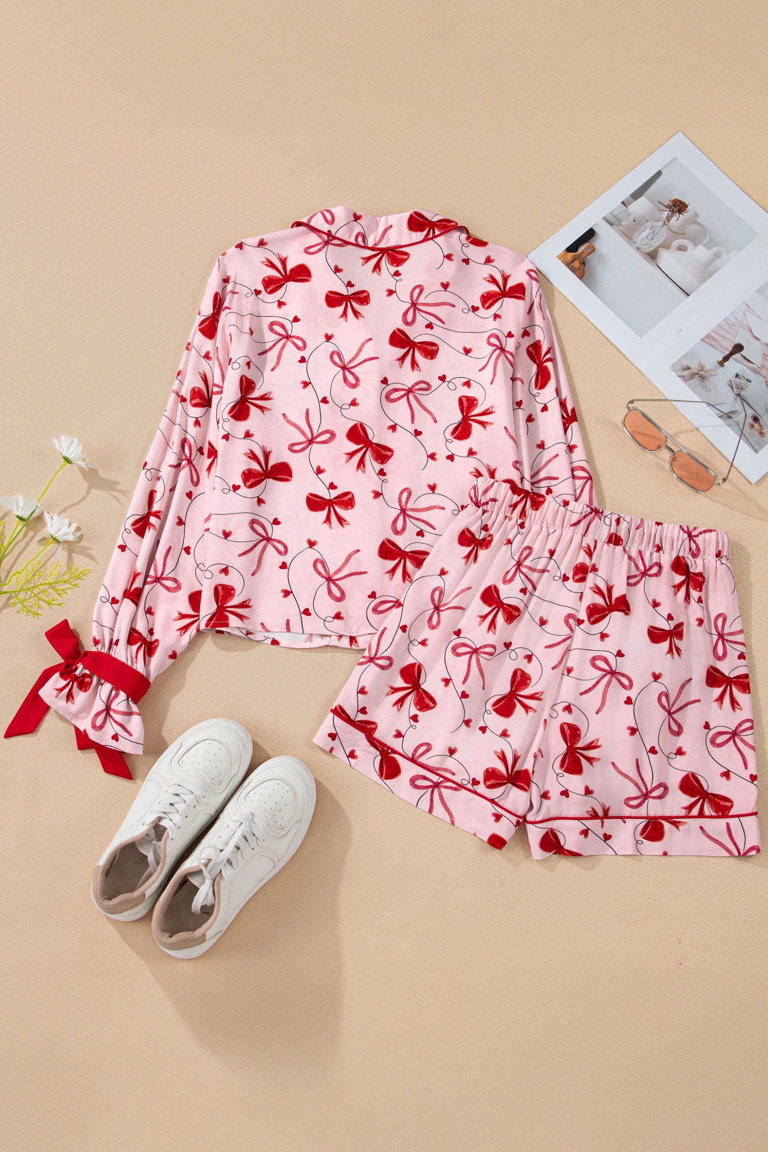 Bow Print Valentine Long Sleeve Shirt Shorts 2 Pcs Pajama Set – Red