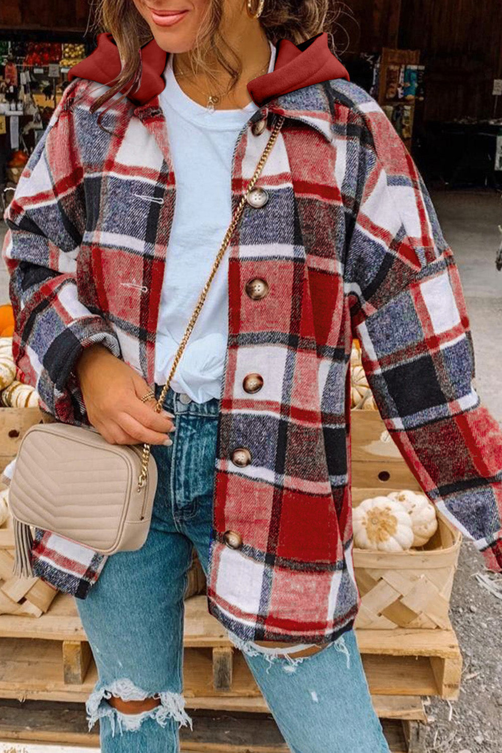 Fiery Red Hooded Plaid Button Front Shacket eAura