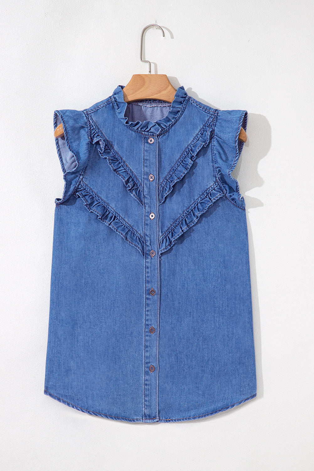 Mineral Wash Cap Sleeve Ruffled Button Up Denim Shirt eAura