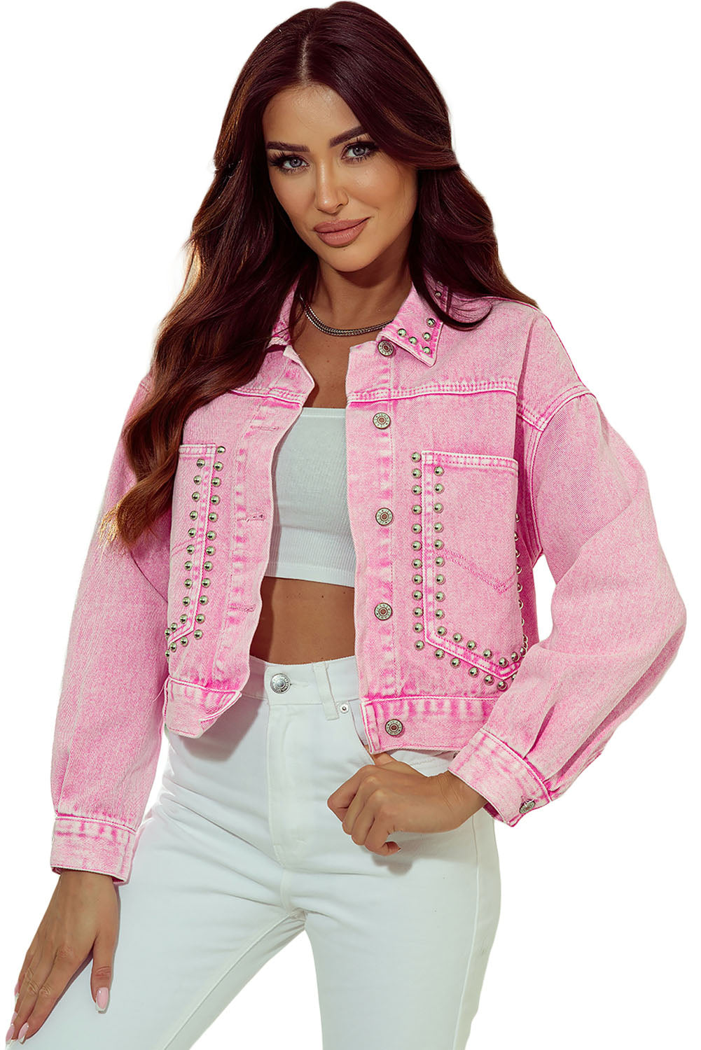 Pink Rivet Studded Pocketed Denim Jacket Beagle Boutique Fashion Outlet