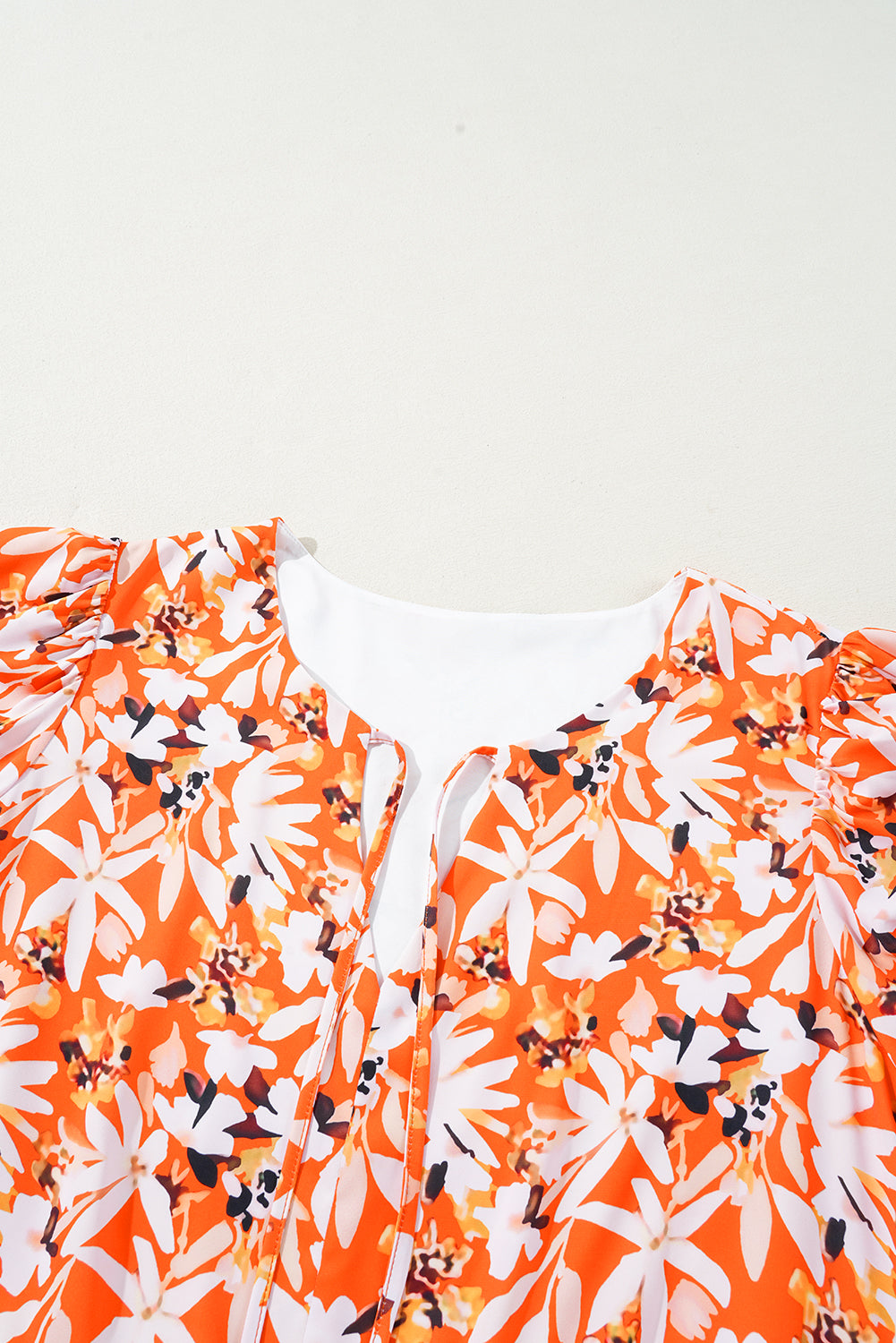 Orange Floral Print Split V Neck Bubble Sleeve Plus Size Midi Dress BB Fashion Outlet