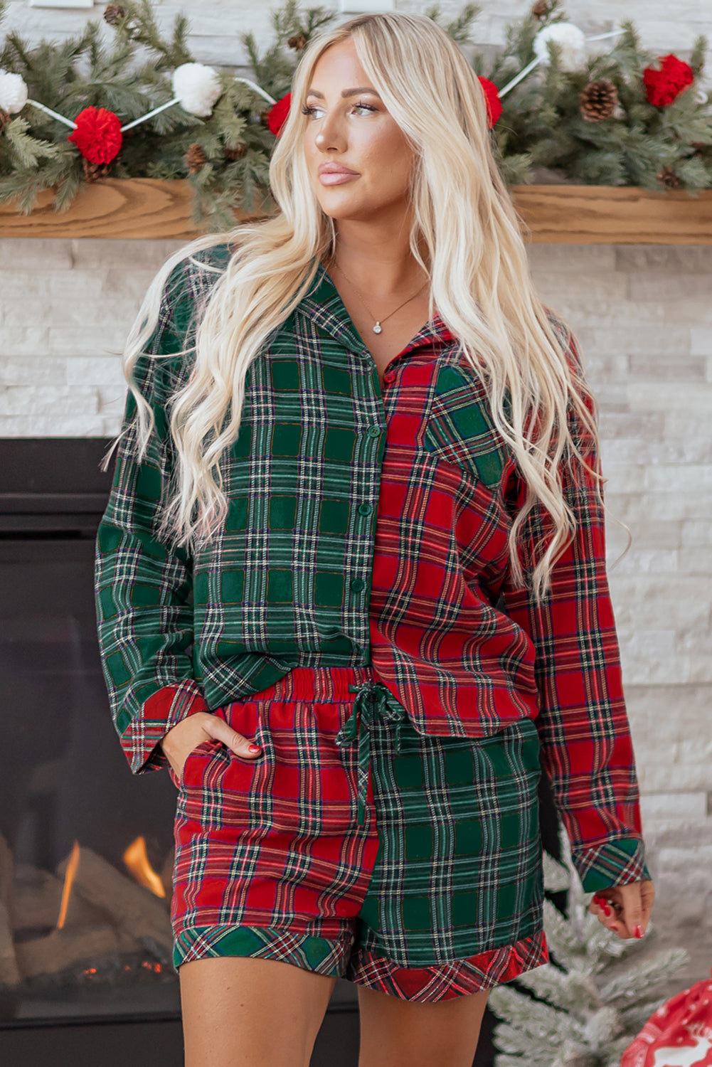 Plaid Contrast Christmas Holiday Long Sleeve Shirt and Shorts Pyjamas - eAura