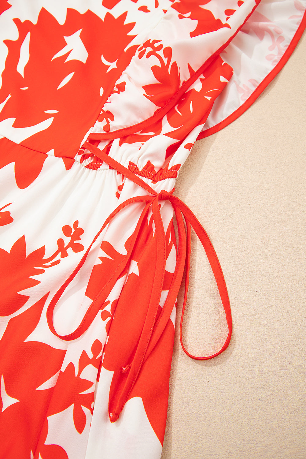 Red Floral Print Trimmed V-Neck Ruffle Sleeve Long Dress eAura