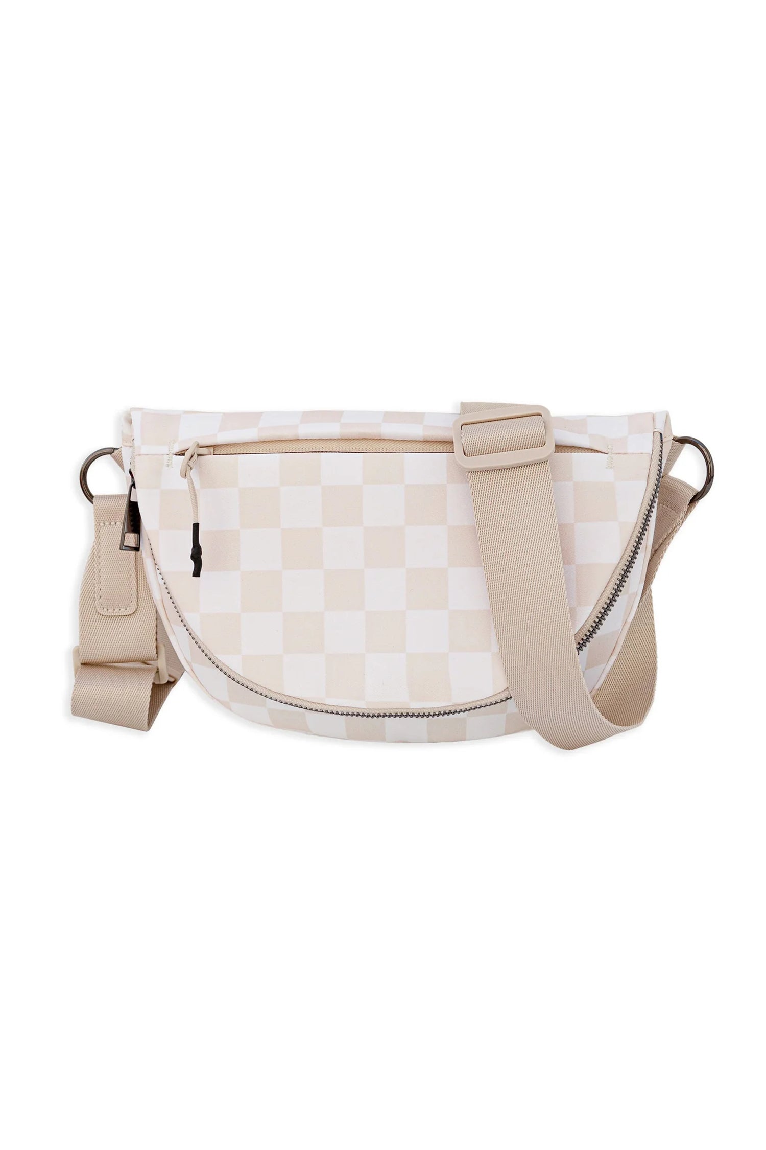 Coffee Checkered Canvas Crescent Shoulder Bag