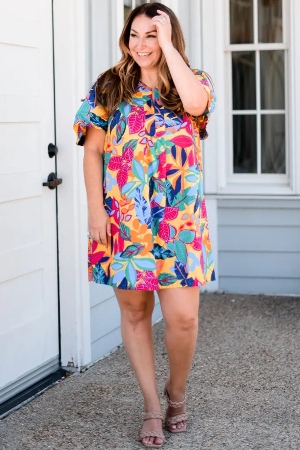 Multicolour Plus Size Leafy Print Split Neck Short Sleeve Shift Dress BB Fashion Outlet