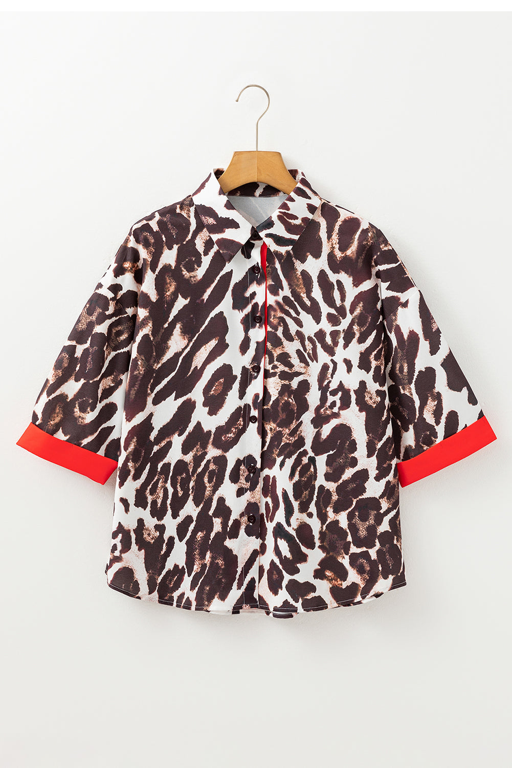 Dark Brown Contrast Trim Patchwork Leopard Print Half Sleeve Shirt eAura