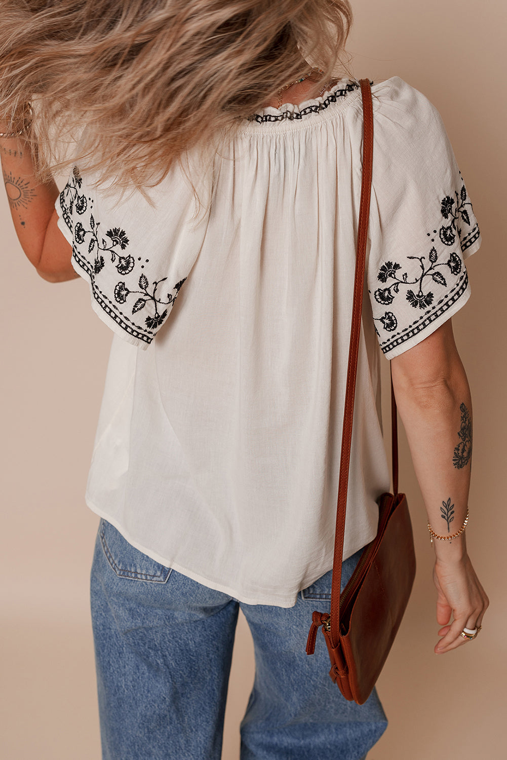 White Floral Embroidered Short Sleeve V Neck Blouse eAura