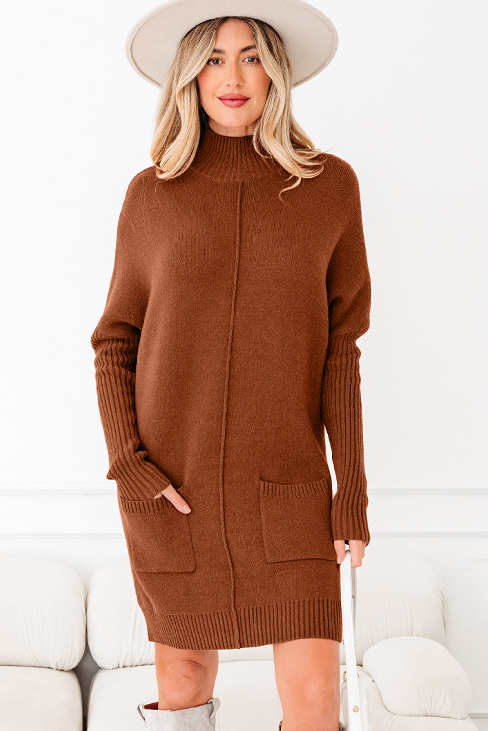 Ribbed High Neck Front Pockets Center Seam Shift Sweater Dress - eAura
