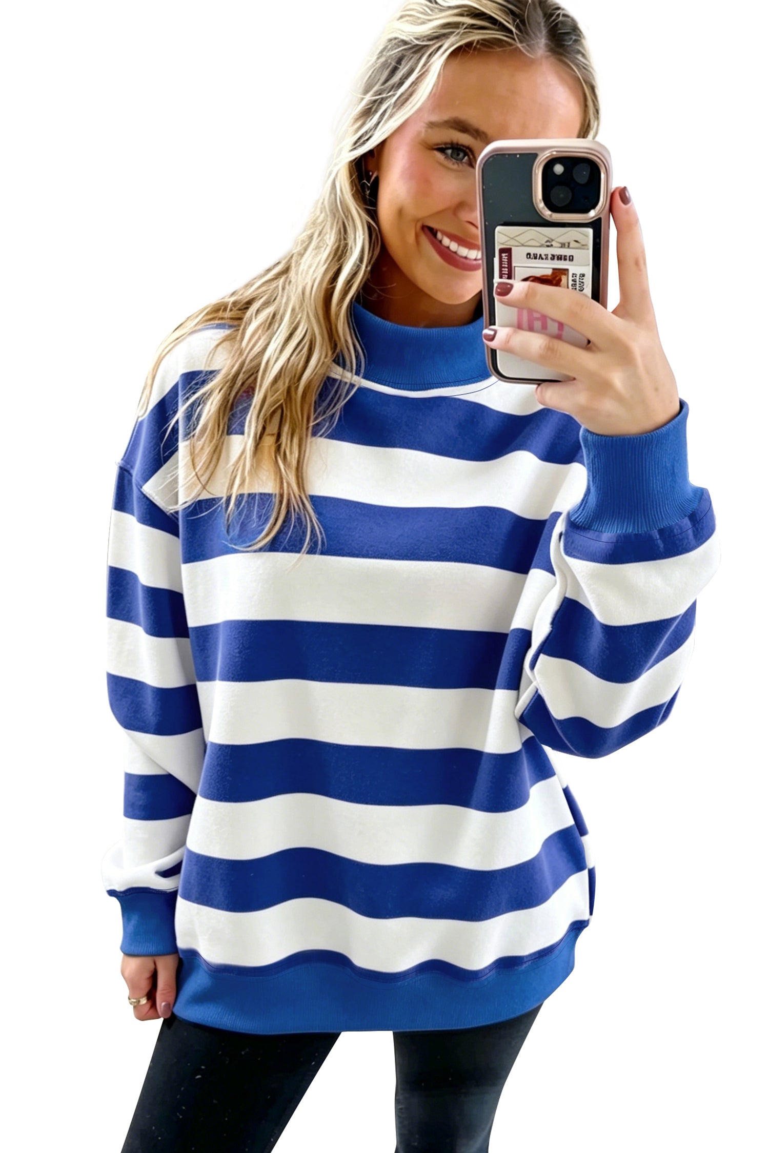 Colorblock Mock Neck Relaxed Sweatshirt – Blue Stripe