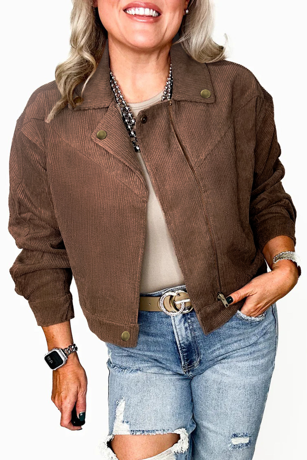 Zip Up Lapel Collar Soft Corduroy Jacket eAura
